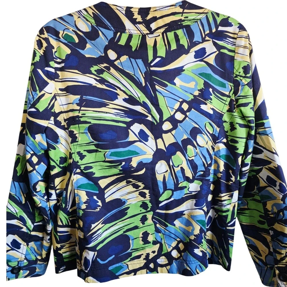 Chico's 1 Butterfly Print Button Front Jacket Blue Green Yellow Medium‎ NWOT